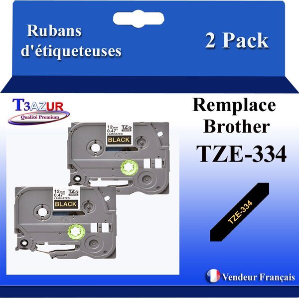 2x Rubans d'étiqueteuses compatibles avec Brother Tze334 Tze-334 pour étiqueteuses P-touch - Texte doré sur fond noir - Largeur 12 mm x 8 mètres - T3AZUR