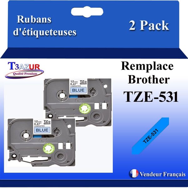 2x Rubans d'étiqueteuses compatibles avec Brother Tze531 Tze-531 pour étiqueteuses P-touch - Texte noir sur fond bleu - T3AZUR