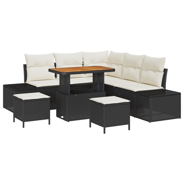 Ensemble de canapé de jardin 8 pièces avec coussins noir poly rotin acacia
