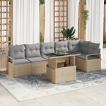 Canapé de jardin 7 pièces avec coussins beige poly rattan
