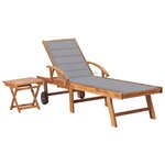 vidaXL Chaise longue avec table et coussin Bois de teck solide