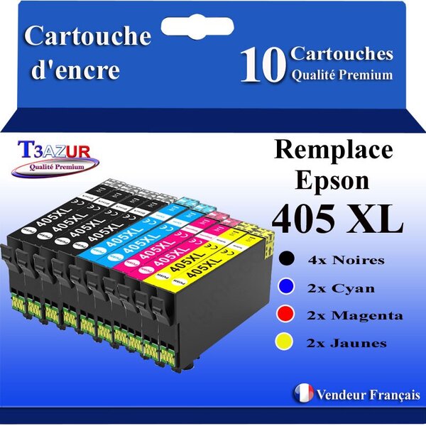 T3AZUR - 10x Cartouches compatibles avec Epson WorkForce Pro WF-4830DTWF (4Noires + 2Cyan + 2 Magenta + 2 Jaunes)