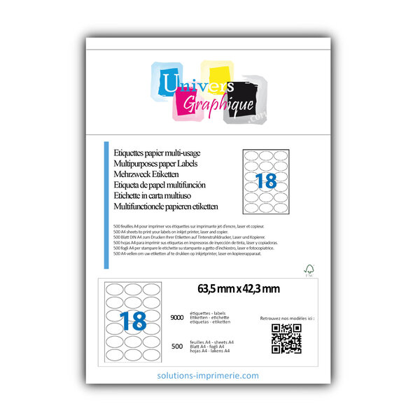 Lot de 500 planches a4 de 18 étiquettes à bords vifs 63 5 x 42 3 mm en papier blanc 70g/m² multifonction