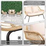 Salon de jardin 4 pers. 4 pièces style exotique métal époxy résine imitation bambou coussins grand confort inclus polyester beige