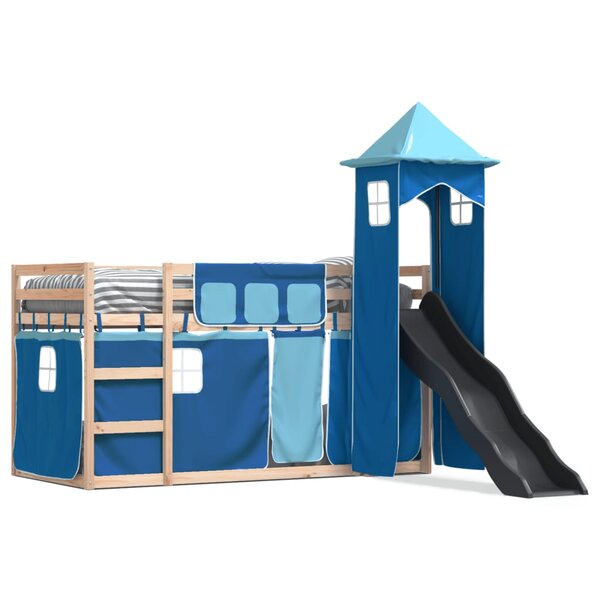 vidaXL Lit superposé avec toboggan et rideaux bleu 90x190 cm