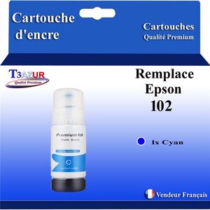 T3AZUR - Recharge compatible avec Epson EcoTank ET-15000 ET-2700 ET-2750 ET-2751 ET-2756 ET-2850 ET-2851 ET-2856 ET-3700 ET-3750 ET-3850 ET-4750 ET-4850 ET-4856 102 - Cyan