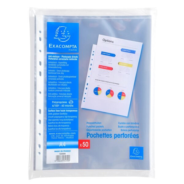 Sachet De 50 Pochettes Perforées Polypropylène Lisse 6/100e - A4 - Cristal - X 20 - Exacompta