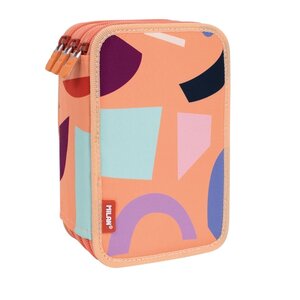 Trousse à crayons Milan Fun Animals à 3 niveaux avec gomme taille-crayon crayon 3 stylos à bille règle 12 crayons de couleur 6 crayons fluorescents 5 crayons fluorescents ciseaux et 18 marqueurs - Orange/Beige