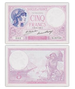 Billet de Collection 5 francs 1927 France - Neuf - P72d - violet