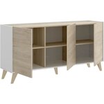 Buffet bas NESS - Mélamine bois clair et blanc - 3 Portes - 155 x 43 x 75 cm