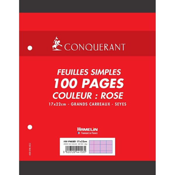 Feuillets mobiles 17x22cm 100p 80g rose CONQUÉRANT