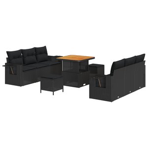 Ensemble de canapés de jardin de 9 pièces avec coussins noir en rotin poly acacia