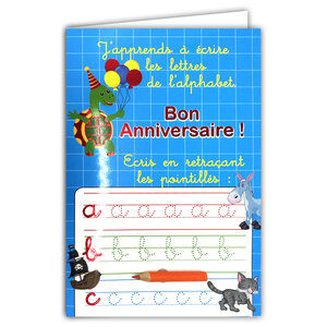 67-1101-A Carte Pédagogique Bon Anniversaire avec Crayon de couleur aléatoire et Enveloppe Jaune J'apprends à écrire les lettres de l'Alphabet en pointillés pour Enfants Maternelle CP dès 4 5 6 ans