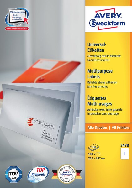 Bte de 100 etiquettes multi-usages a4 210 x 297 mm blanc sur 100f a4 avery zweckform