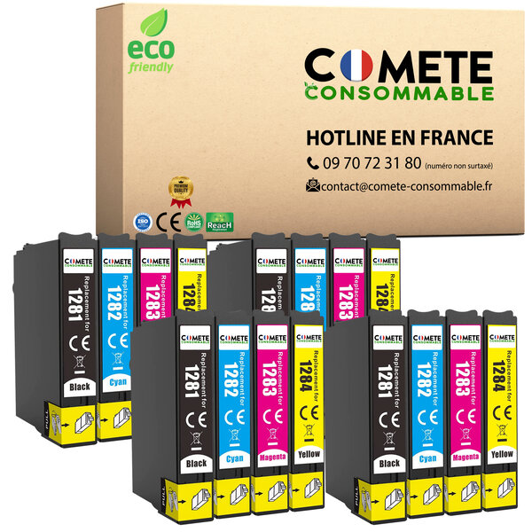 COMETE, Entreprise française - T1285-16 Cartouches d'encre Compatibles avec Epson T1285 Renard (T1281 T1282 T1283 T1284) - pour Epson Stylus T22 Office BX305F BX305FW SX125 SX130 SX230 (Noir et Couleur) - 4 noirs 4 cyan 4 magenta 4 jaunes