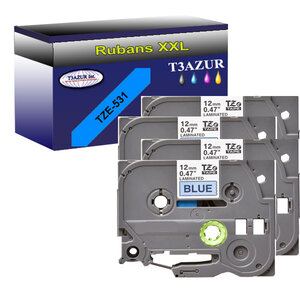 4 x Rubans pour étiquettes laminées générique Brother Tze-531 pour étiqueteuses P-touch - Texte noir sur fond bleu - T3AZUR