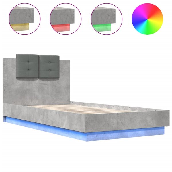 vidaXL Cadre de lit tête de lit et lumières LED gris béton 90x190 cm