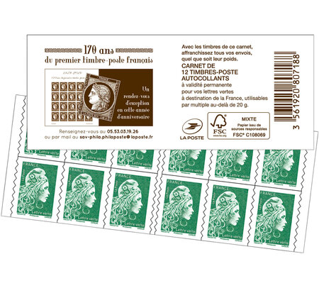 Carnet de 12 timbres Marianne l'engagée - Lettre Verte - Couverture 170 ans  du premier timbre-poste français - La Poste