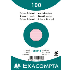 Paquet de 100 Fiches Bristol A6 rose ligné. s/s film x 20 EXACOMPTA