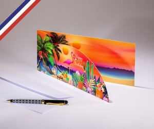 Carte double extravagance créée et imprimée en france sur papier certifié pefc - happy birthday sous les tropiques - découpe nuage et or à chaud