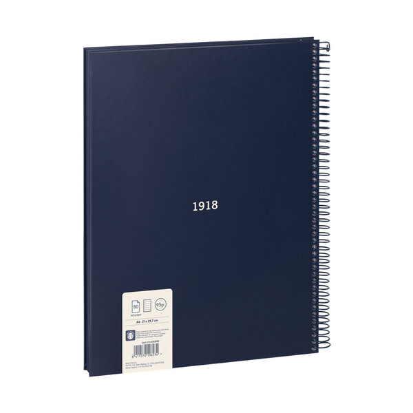 Cahier à spirale  papier ligné  80 feuilles A4  série 1918  azul