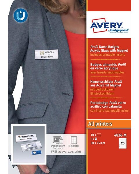 4836-M - 10 badges Profil® transparent avec aimant – 27 x 75 mm AVERY