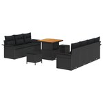 Ensemble de Canapé de Jardin de 10 Pièces avec Coussins Noir Poly Rattan Acacia