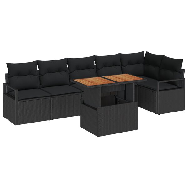 Ensemble de Canapés de Jardin 7 Pièces avec Coussins Rotin Poly Noir Acacia