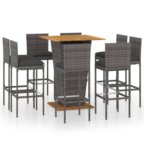 vidaXL Ensemble de bar de jardin 9 Pièces et coussins Résine tressée Gris