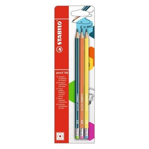 Blister x 3 crayons graphite STABILO pencil 160 bout gomme HB - bleu ardoise + orange... STABILO