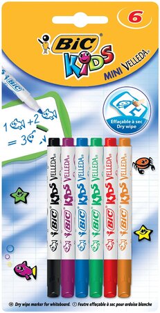 Blister de 6 Feutres effaçable A SEC Kids MINI VELLEDA Pte Ogive Moy. Assorti fantaisie BIC