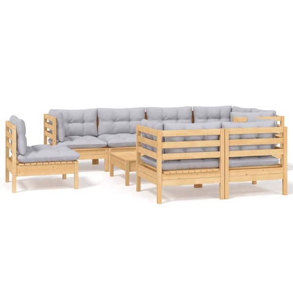Salon de jardin meuble d'extérieur ensemble de mobilier 9 pièces avec coussins gris bois de pin massif 02_0017987