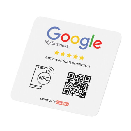Plaque Google Avis Reviews - QR Code NFC RFID sans contact - Adhésive Vitrine Comptoir Table - 12x12cm - GG12FR