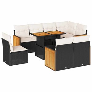 vidaXL Salon de jardin avec coussins 9 Pièces noir résine tressée acacia