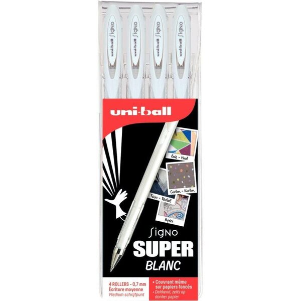 Pochette de 4 rollers encre gel uni-ball Signo blanc