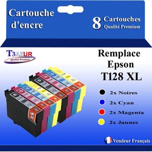 T3AZUR- 8x Cartouches Compatibles avec Epson T1281 T1282 T1282 T1284 remplace Epson Stylus Office BX305F BX305FW S22 SX125 SX130 SX230 SX235W SX420W SX425W SX430W SX435W SX438W SX440W SX445W