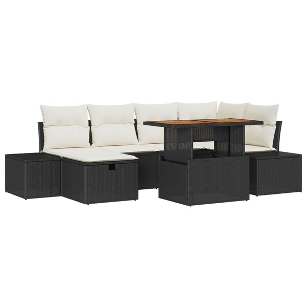 vidaXL Ensemble de Salle à Manger de Jardin 7 pièces avec Coussins Noir en Poly Rotin Acacia