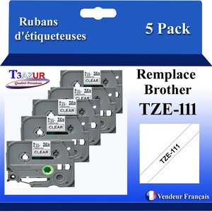 5x Rubans d'étiqueteuses compatibles avec Brother Tze111 Tze-111 pour étiqueteuses P-touch - Texte noir sur fond transparent - Largeur 6 mm x 8 mètres - T3AZUR