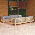 vidaXL Salon de jardin 9 Pièces avec coussins gris bois de pin massif