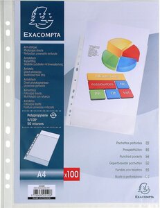 Sachet 100 pochettes perforées PP A4 grainé 5/100 Transparent EXACOMPTA