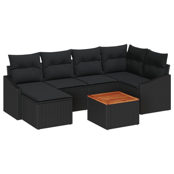 vidaXL Ensemble de canapé de jardin 7 pièces avec coussins noirs en poly rattan acacia