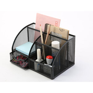 Organiseur bureau q-connect maille métallique 5 compartiments et 1 tiroir 220x140x130mm coloris noir