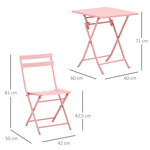 Salon de jardin bistro pliable - table carrée dim. 60L x 60l x 71H cm avec 2 chaises - métal thermolaqué rose