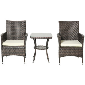 Outsunny Ensemble salon de jardin 2 places : 2 fauteuils et table basse plateau verre trempé résine tressée imitation rotin chocolat foncé coussins blanc