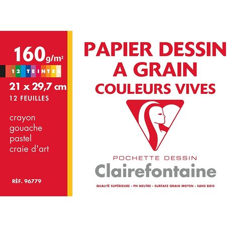 Pochette 12 feuilles Dessin à grain 160g A4 Vives assorties CLAIREFONTAINE