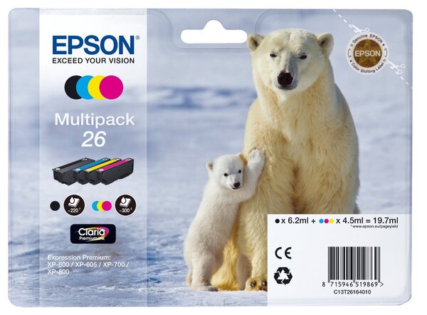 Multipack jet d'encre n°26 t2616 noir / cyan / magenta / jaune epson