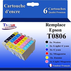 T3AZUR- 6x Cartouches Compatibles avec Epson T0801 T0802 T0803 T0804 T0805 T0806 remplace Epson Stylus PX700W PX710W PX720WD PX730WD PX-700W PX-710W PX-720WD PX-730WD Noire