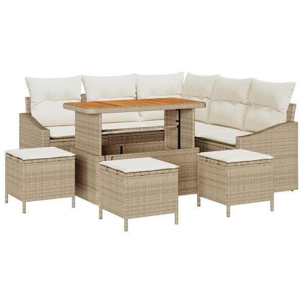Ensemble de canapé de jardin 9 pièces avec coussins beige poly rotin acacia