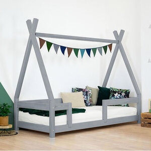 Lit Tipi enfant avec barrière bois massif gris 120 x 190 cm