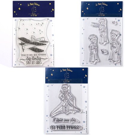 9 Tampons transparents Le Petit Prince dans son avion + Etoiles + messages
